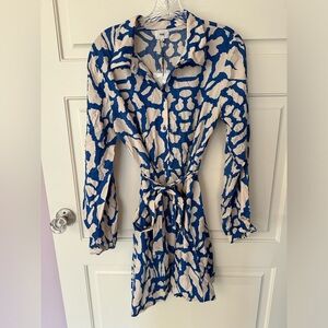 An'ge Blue & Cream Tie-Waist Shirt Dress Boho Chic Normcore Femine Flowy XL